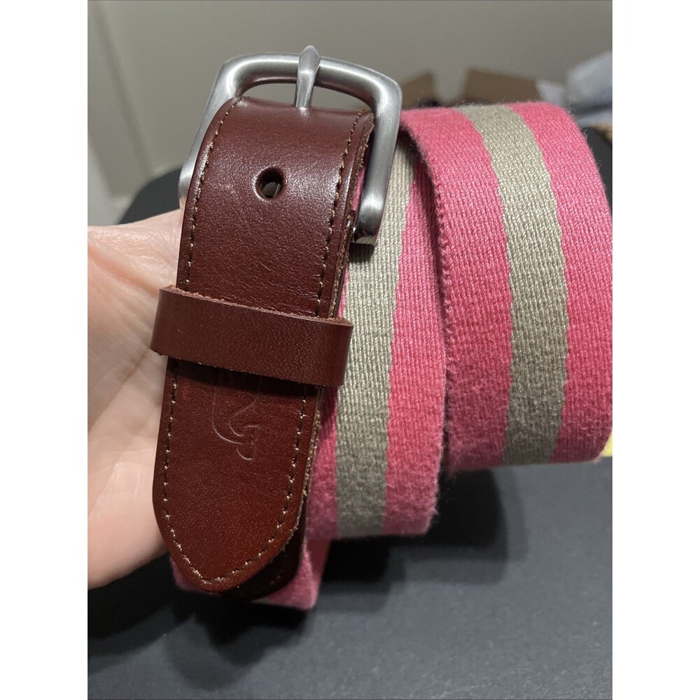 Vineyard Vines Striped Canvas Club Belt Pink Tan Size 34 Brown Leather Silver
